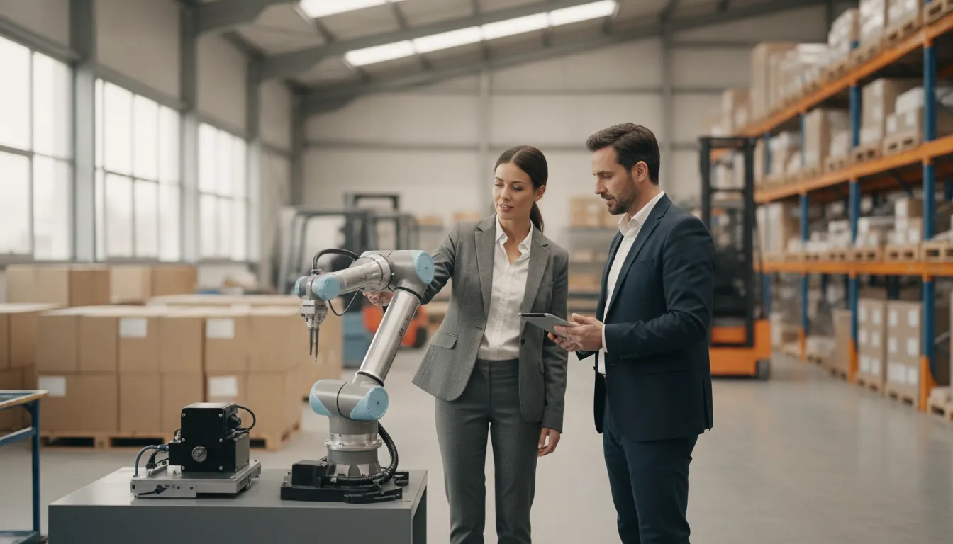 Business owner inspecting new equipment with a financing advisor while preparing to apply