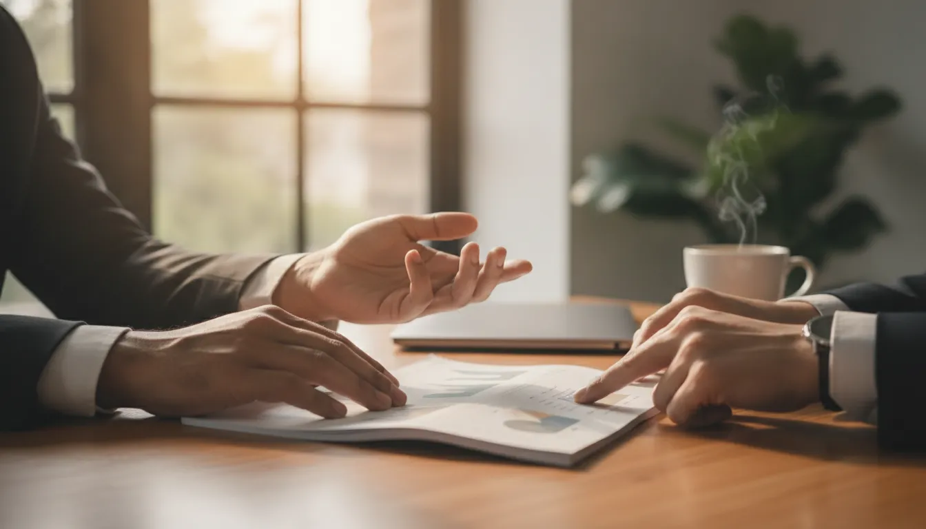 Financing specialist reviewing documents with a diverse business owner at a clean desk