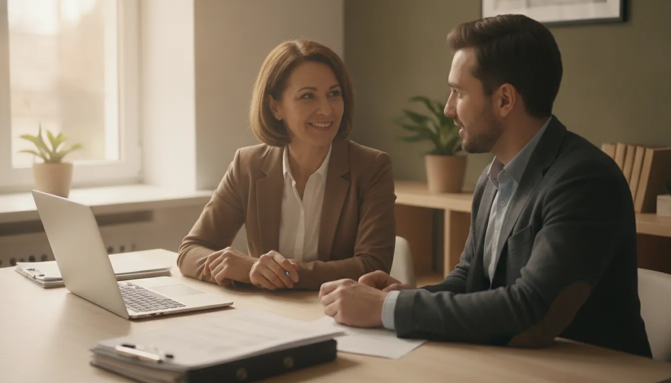 A small business owner reviewing equipment financing paperwork with a financing specialist at a desk