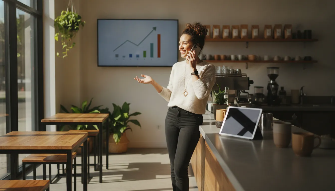 Small business owner reviewing cash flow and sales on a phone in a modern retail space