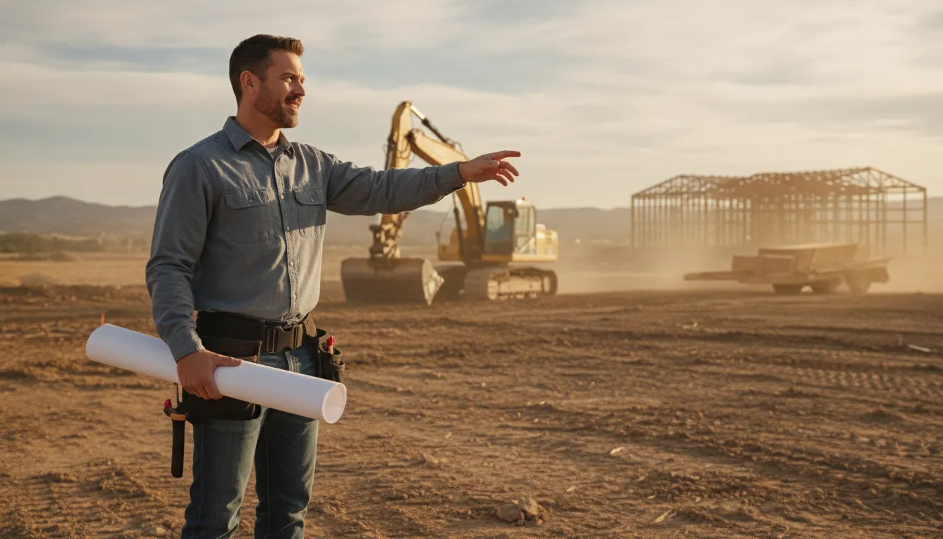 Small business contractor reviewing operations and growth plans with equipment in use