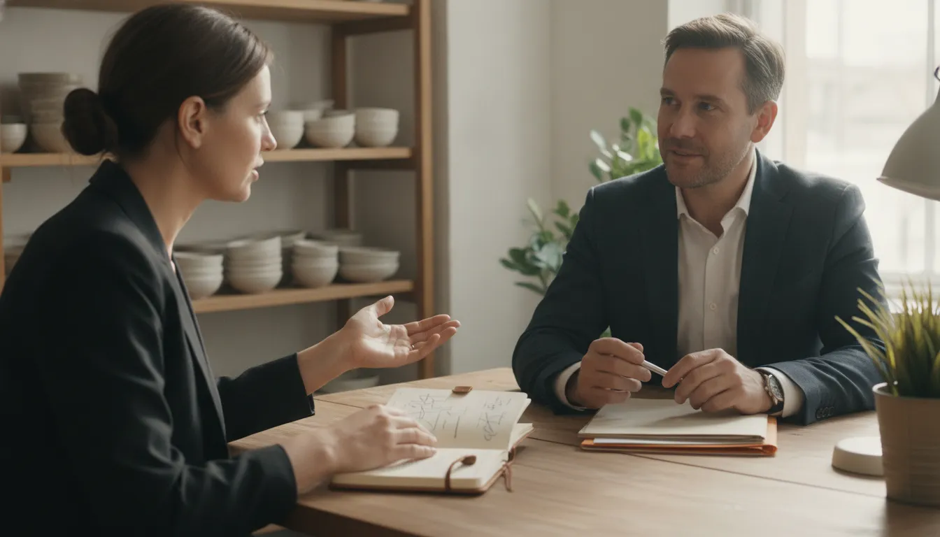 Financing specialist and business owner reviewing a growth plan in an office