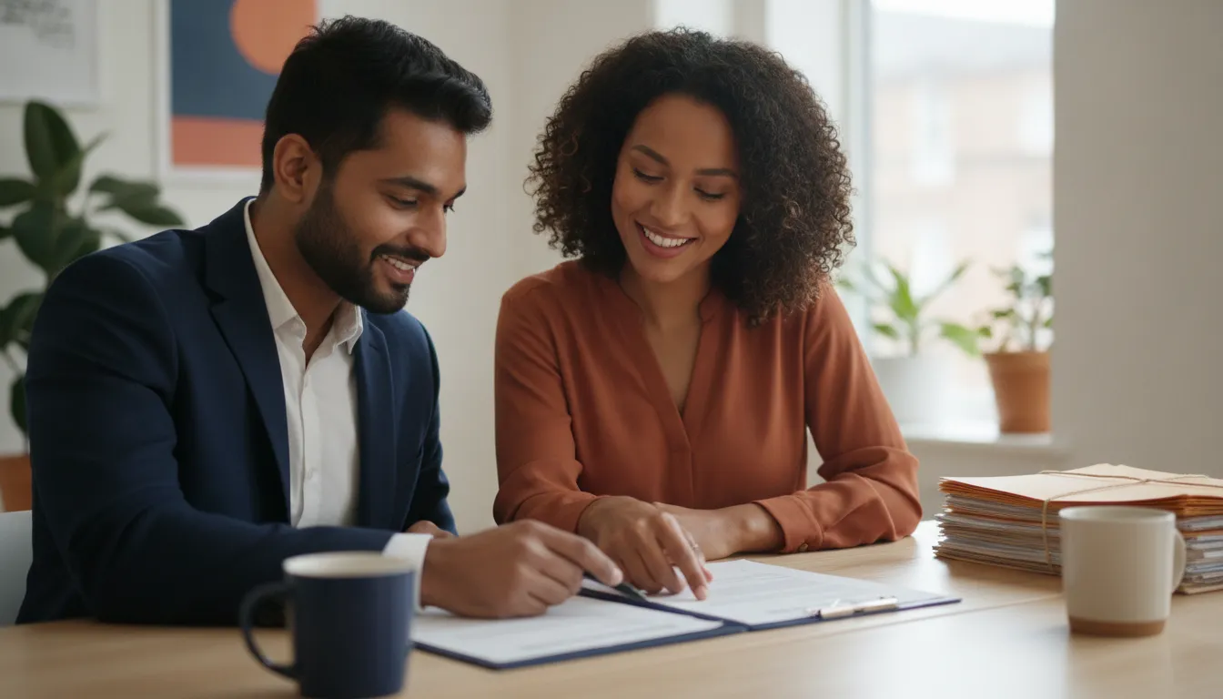 Business owner and financing specialist reviewing a line of credit application