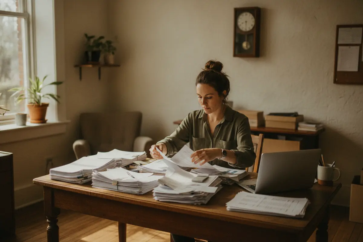Owner organizing bank, sales, and invoice records for a financing discussion