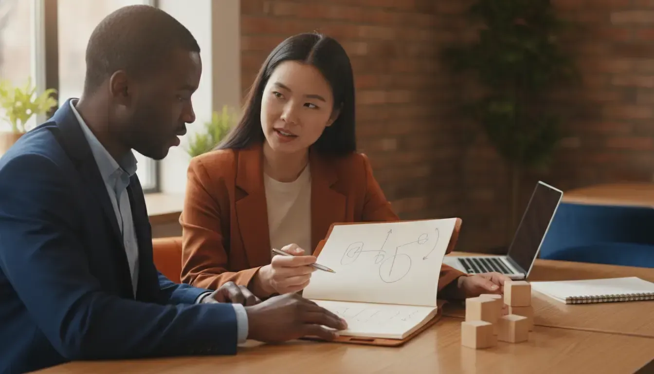 Small-business owner reviewing cash flow with a financing specialist
