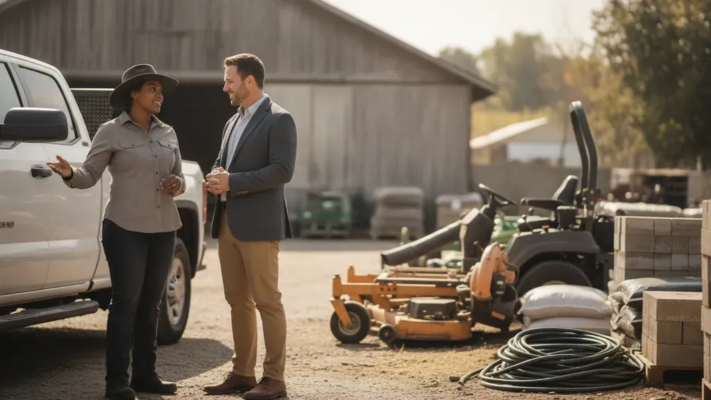 Seasonal business owner discussing financing options beside business equipment