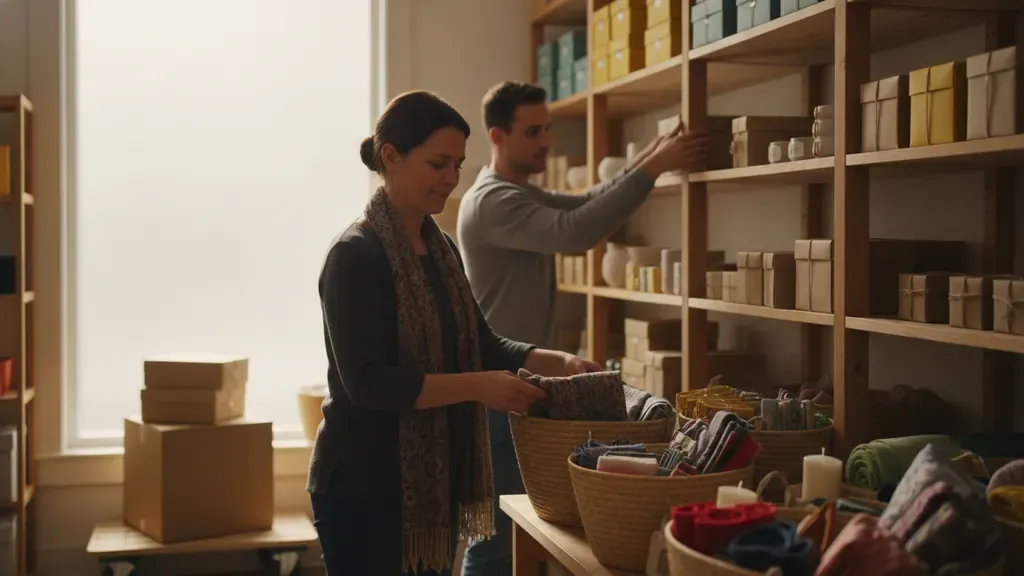 Seasonal business owner organizing inventory before a busy season