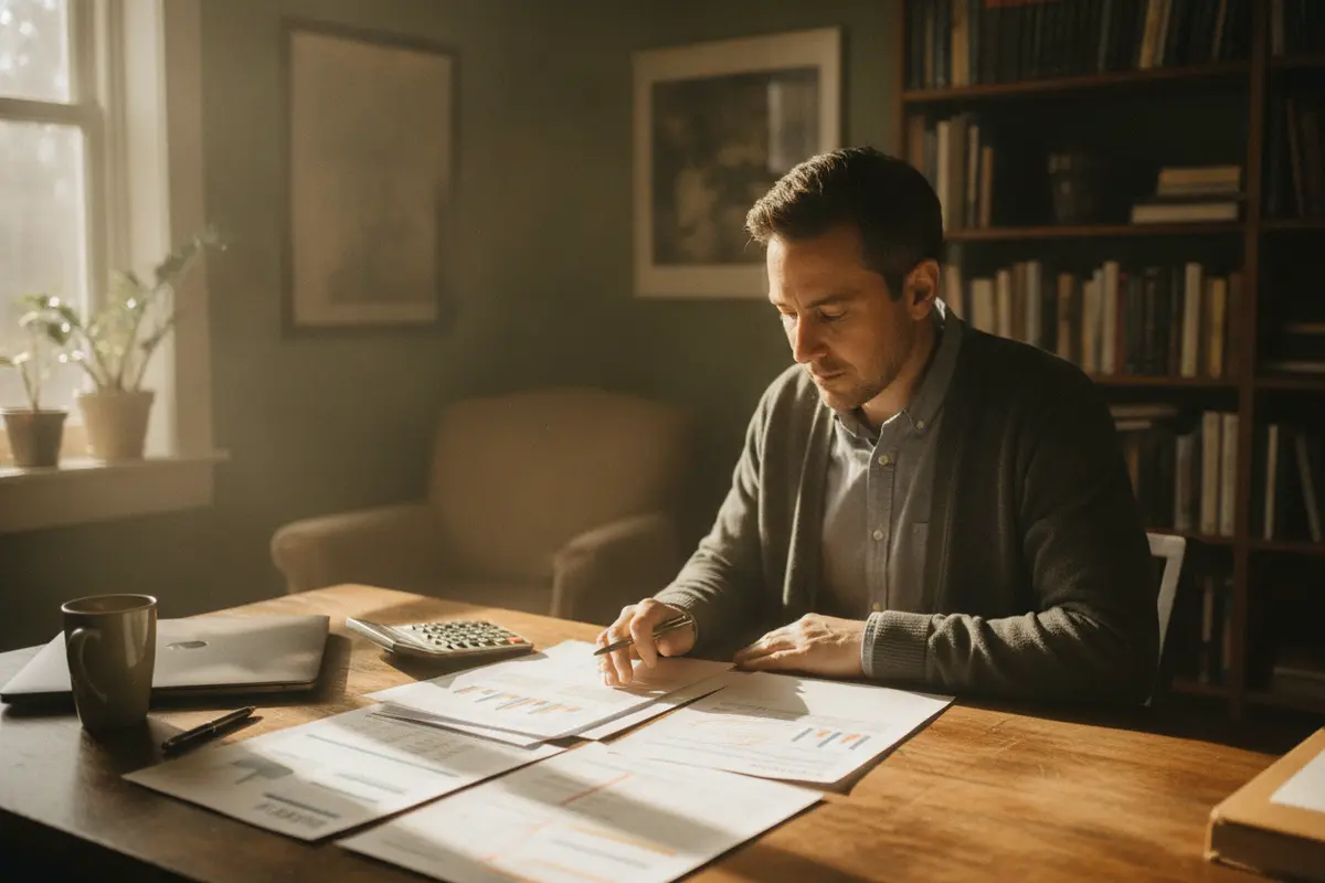Small business owner checking financial records and application documents