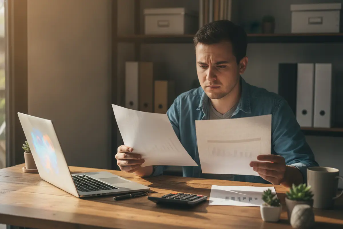 Small business owner comparing written financing offer details beside a laptop