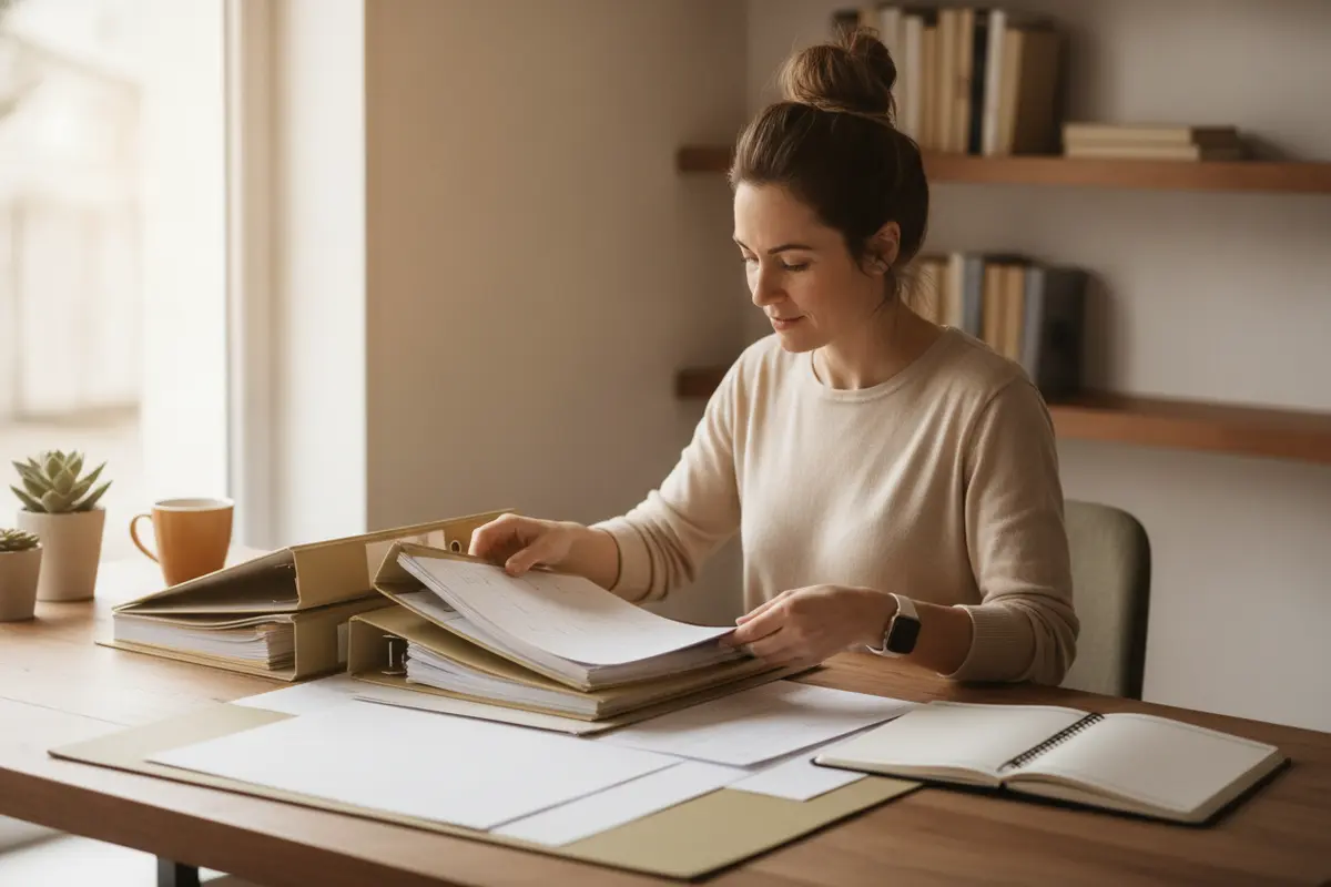 Small business owner organizing documents for a fixed-asset financing project