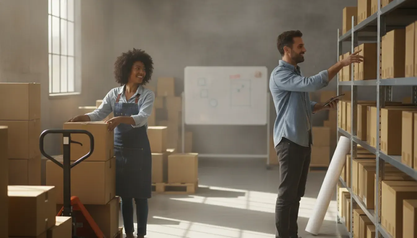 Small business owners organizing inventory for a growth plan