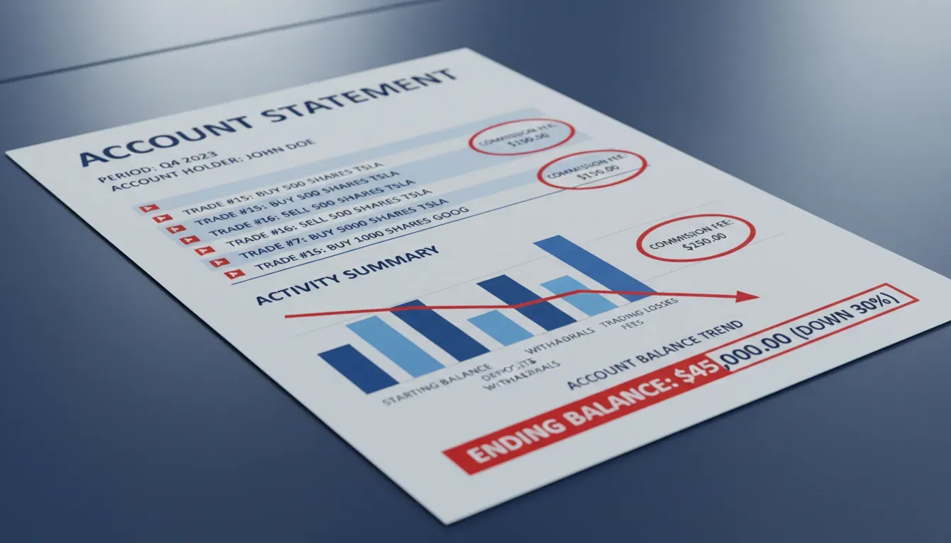Brokerage account statement showing excessive trading activity, highlighted commissions, and declining portfolio value indicating potential stockbroker churning