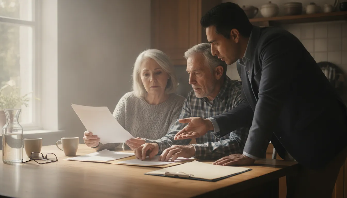 Older investor reviewing retirement account paperwork with a financial professional