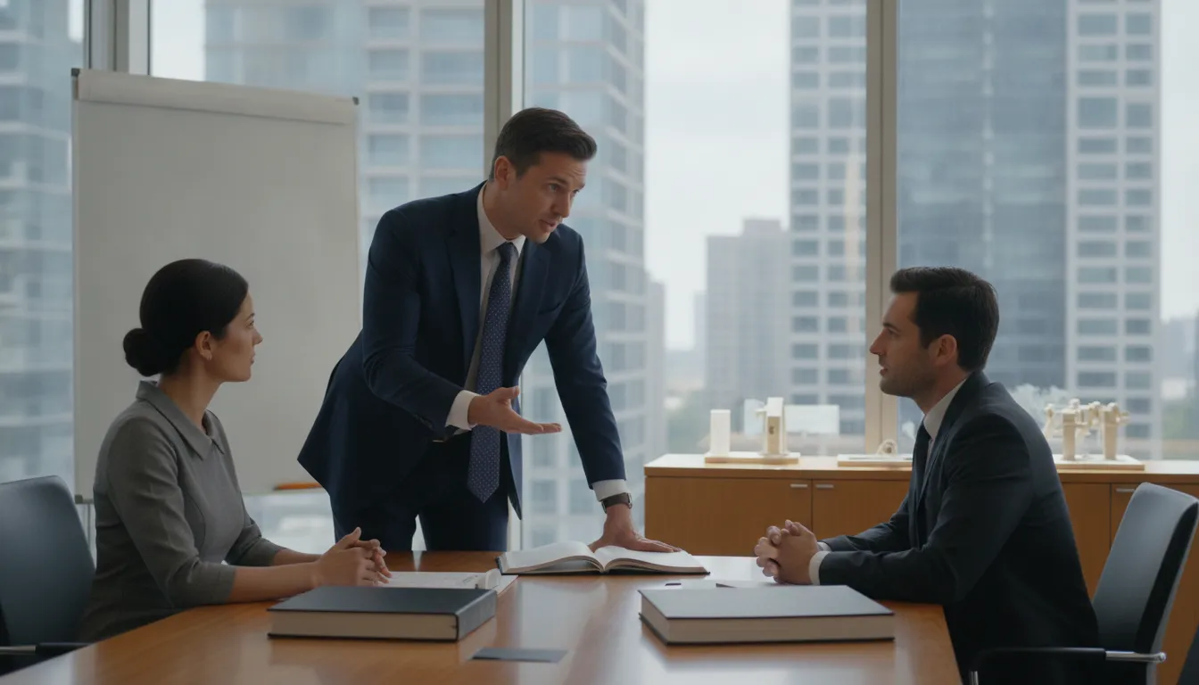 Securities attorney meeting with older investors in a bright office