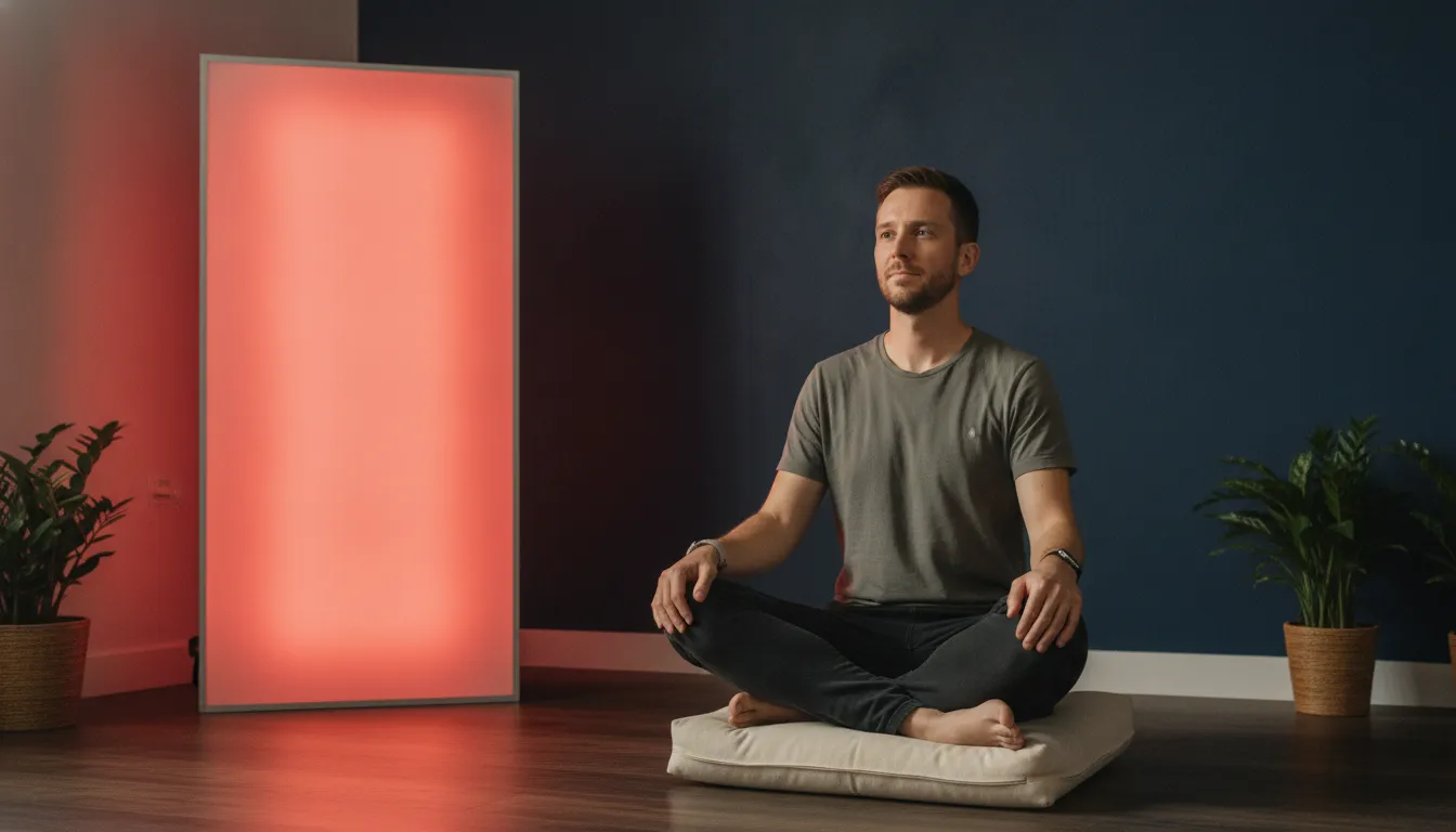 Person using biohacking technology devices in a calm wellness studio