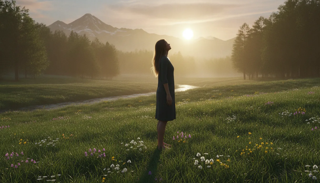 Person standing barefoot on a sunlit grassy lawn at dawn practicing grounding science outdoors