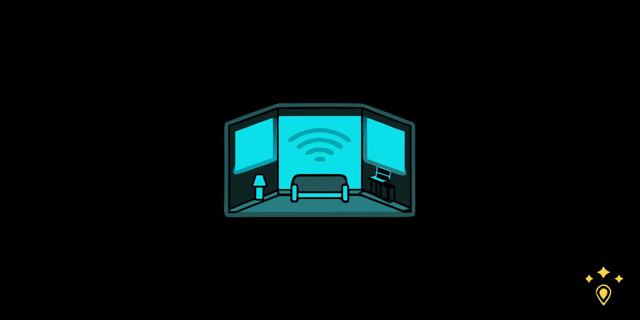 Modern living room at night showing WiFi router, smartphone, and laptop with translucent blue electromagnetic wave visualization