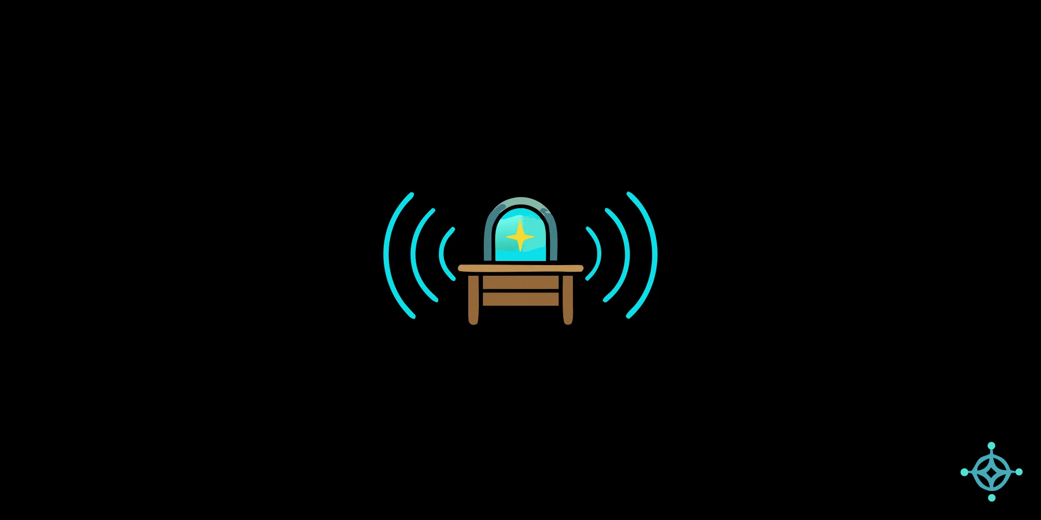 Qi-Shield EMF protection device on a wooden desk with blue electromagnetic wave visualization