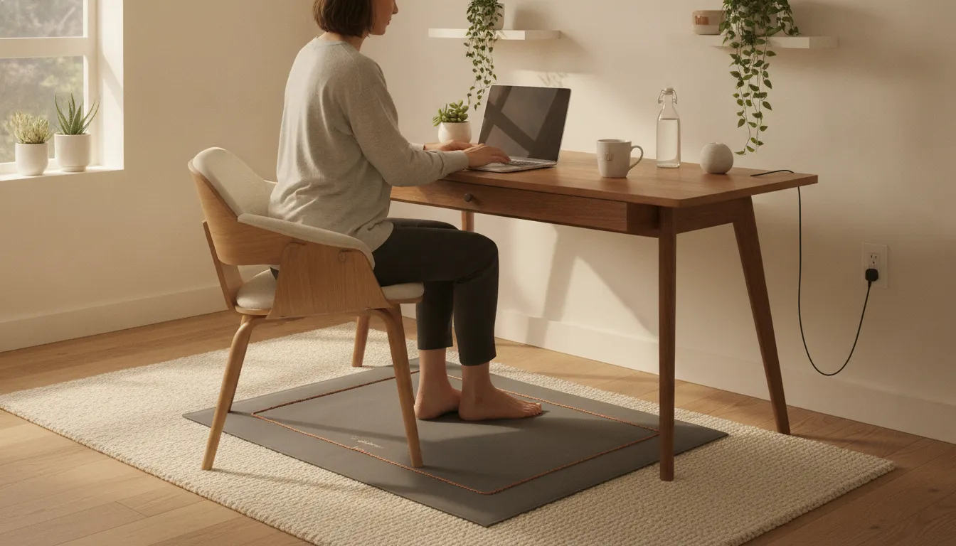 Person working at a desk with bare feet on a grounding mat, an indoor practice supported by grounding science