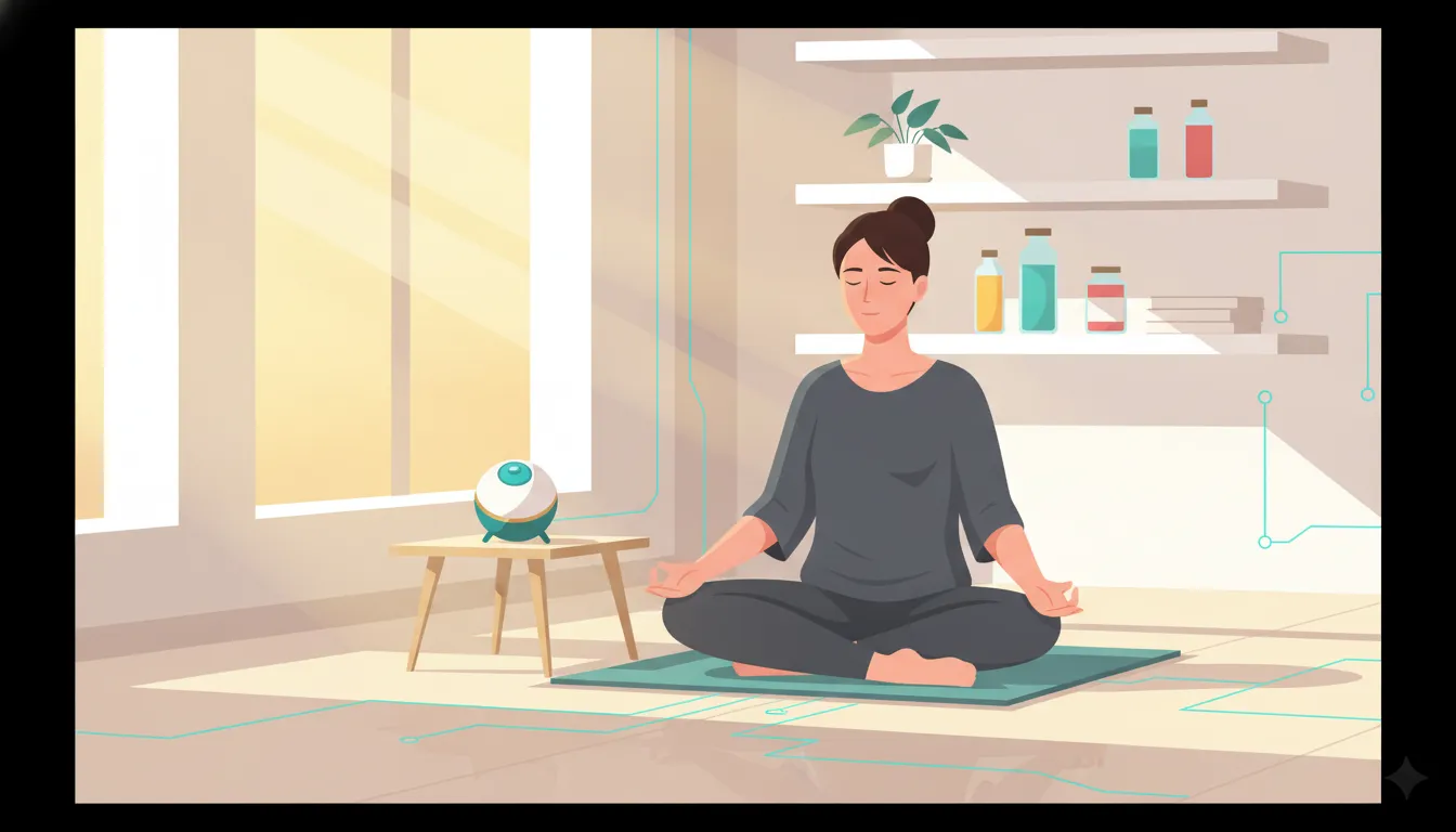 A person in a calm biohacking session with a wearable device nearby, uniting modern sensing with embodied awareness