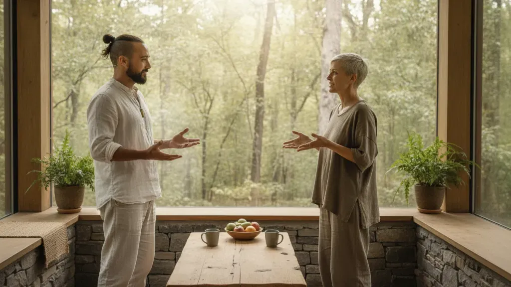 Executive and facilitator discussing psychedelic retreat preparation