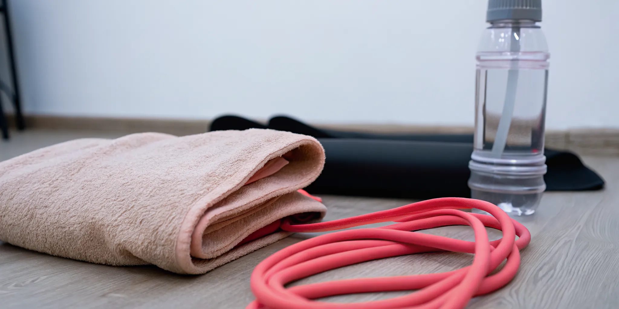 Clean towel water bottle and resistance bands for a gradual return to exercise after microneedling