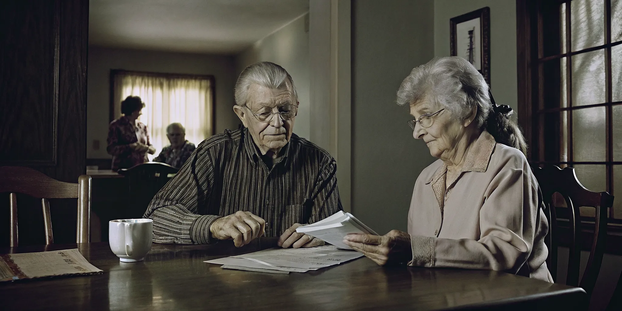 Older married couple organizing documents for MassHealth community spouse protections planning