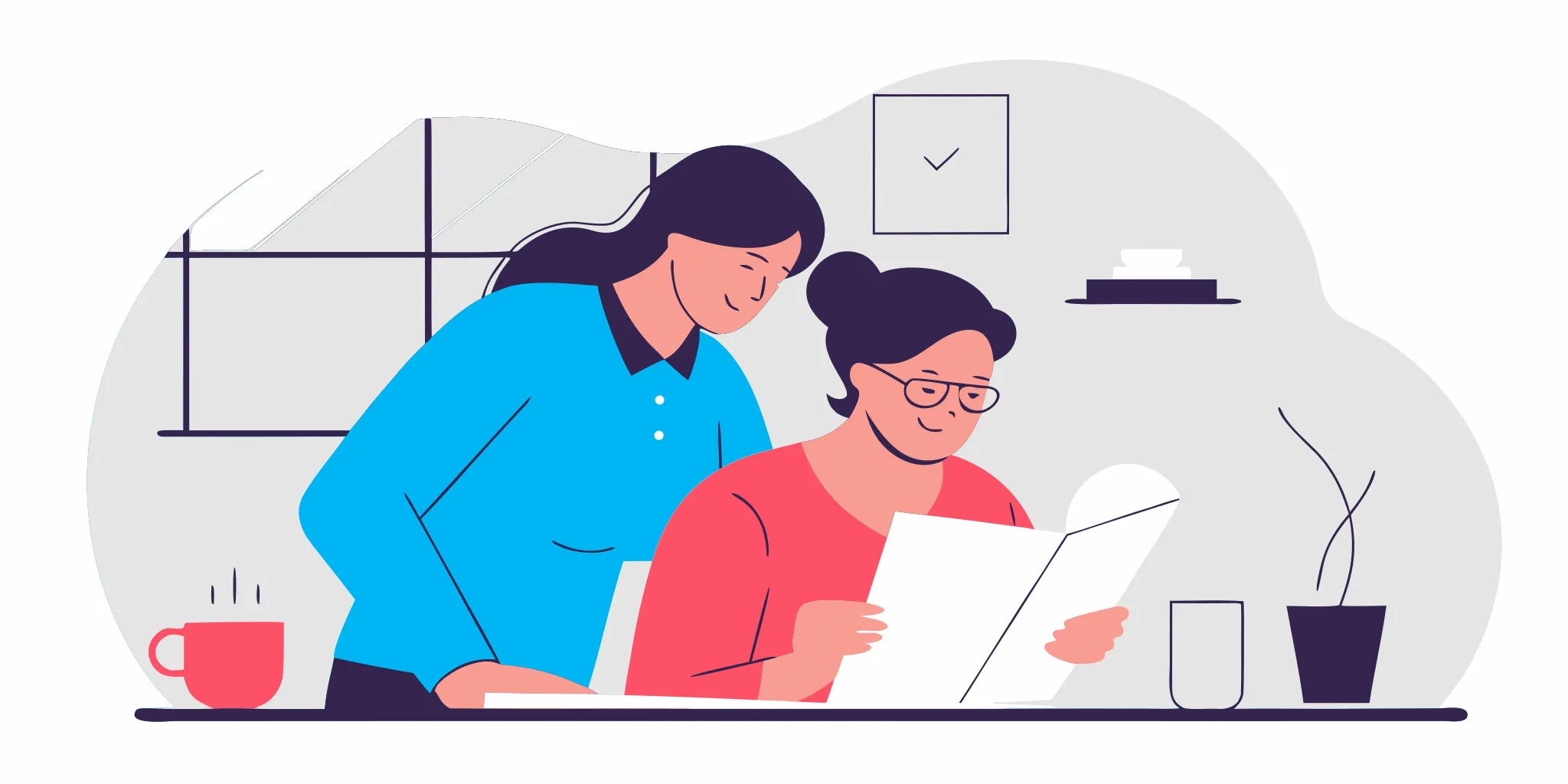 Adult daughter helping her elderly mother review legal planning documents at home in Massachusetts