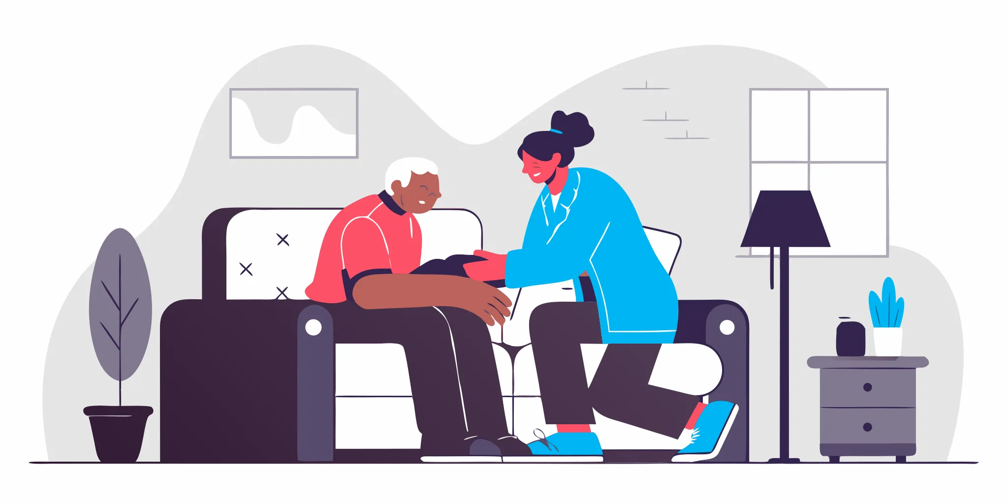 An elderly veteran receiving friendly care from a caregiver at home