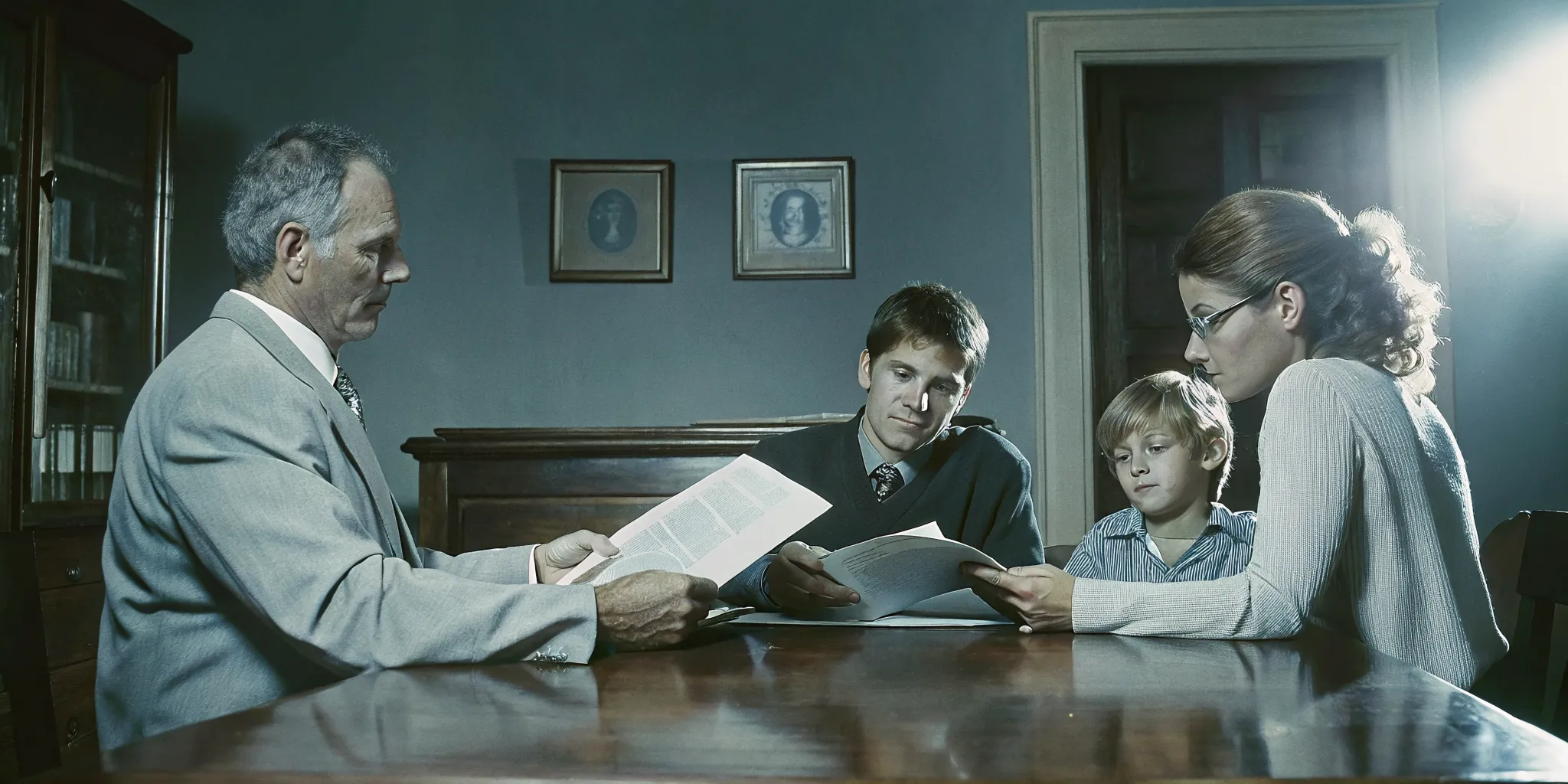 Estate planning attorney meeting with a Massachusetts family to review life insurance and estate tax documents at a law office desk