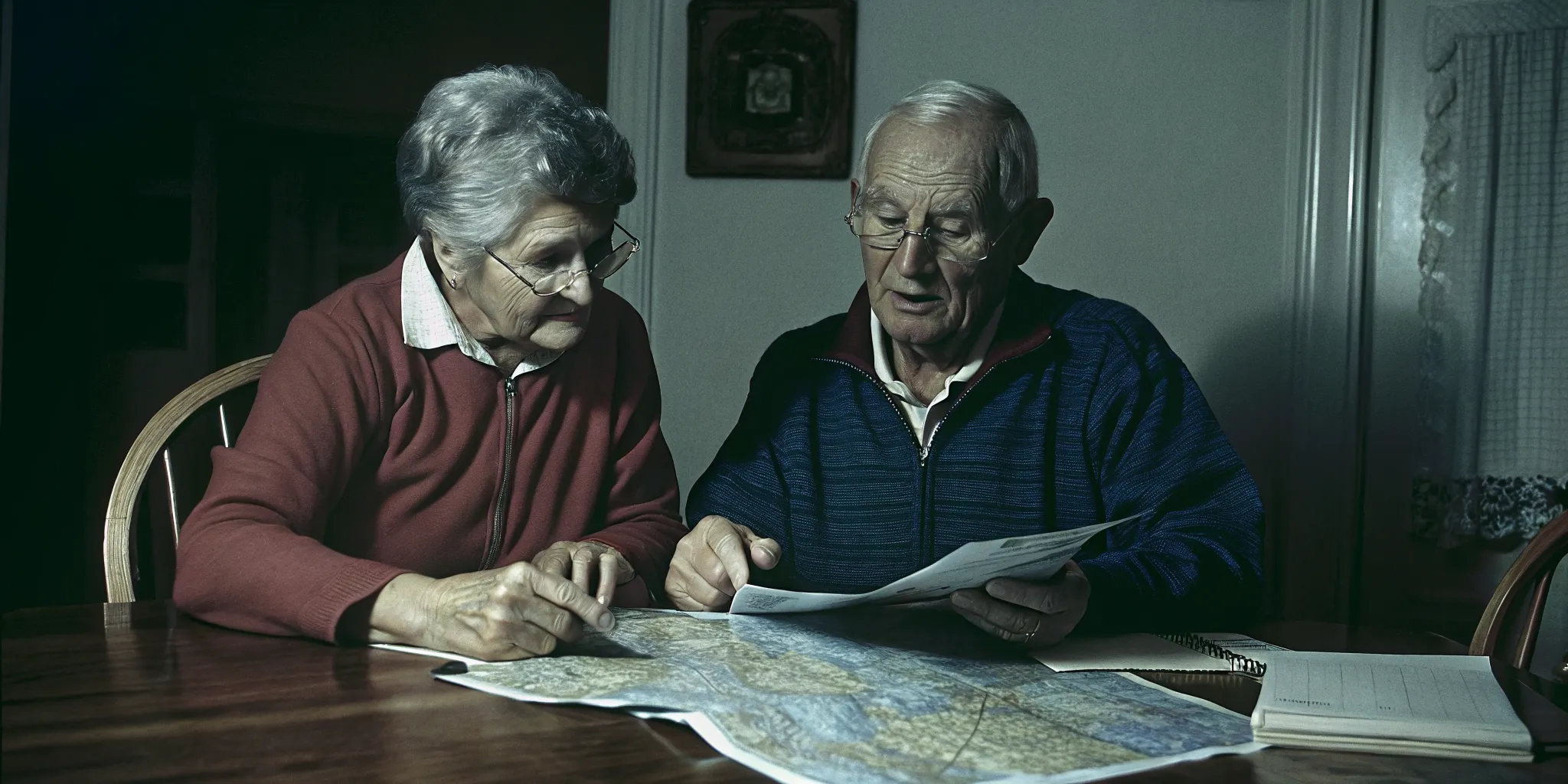 A Massachusetts couple reviews estate planning documents and a map showing both Massachusetts and Florida