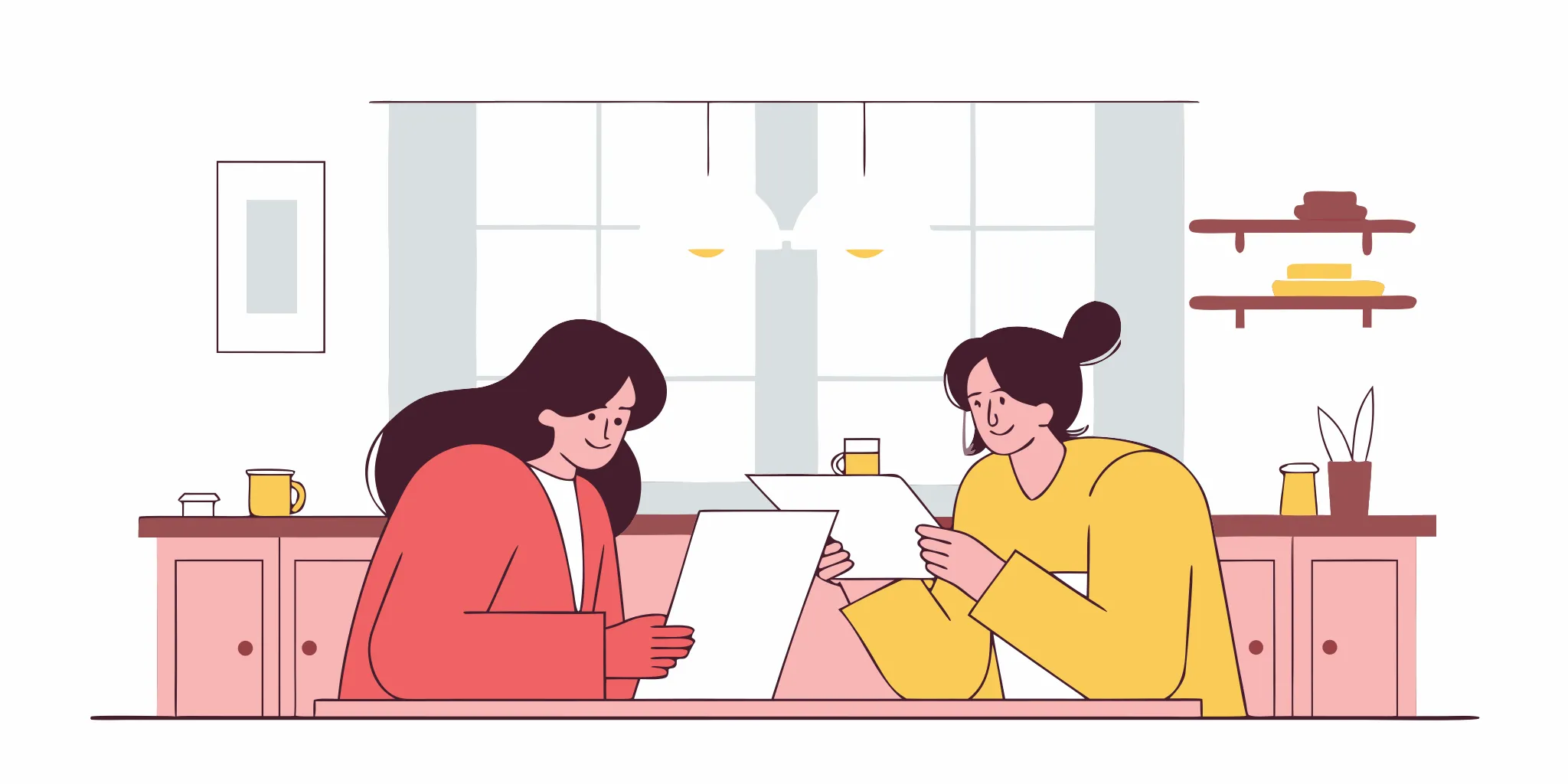 Adult daughter and her mother reviewing MassHealth planning documents at home in Massachusetts