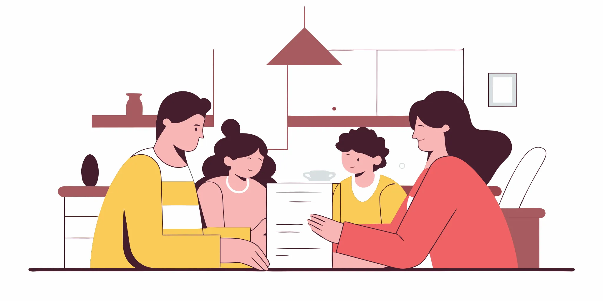 Blended family reviewing estate planning documents at a kitchen table in Massachusetts