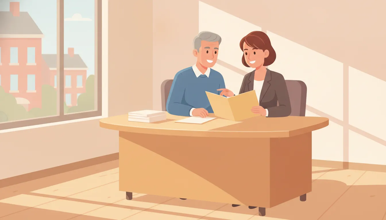 Estate planning lawyer discussing legal fees and documents with clients in a Massachusetts office