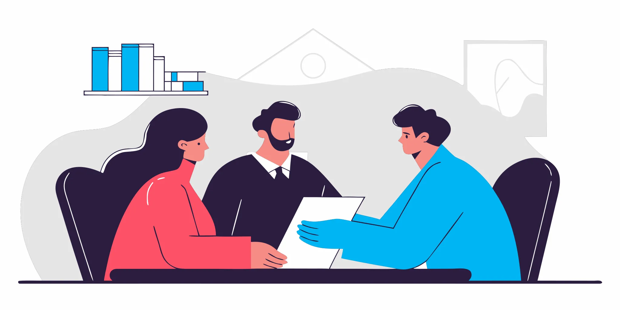 Engaged couple meeting with an attorney to discuss prenuptial agreement and estate planning documents in Massachusetts