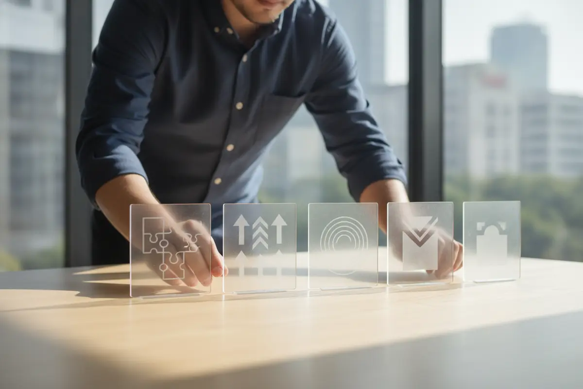 A founder arranging pitch deck slides from customer problem through evidence and funding request