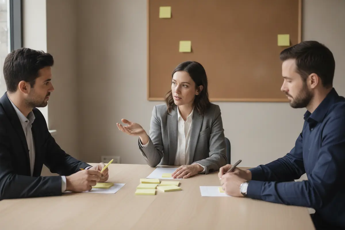 A small business owner and team leads working through priorities in a planning session