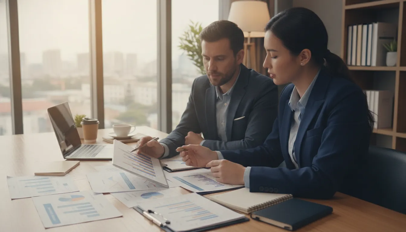 Business consultant meeting with an SMB owner to review financial strategy and growth planning documents