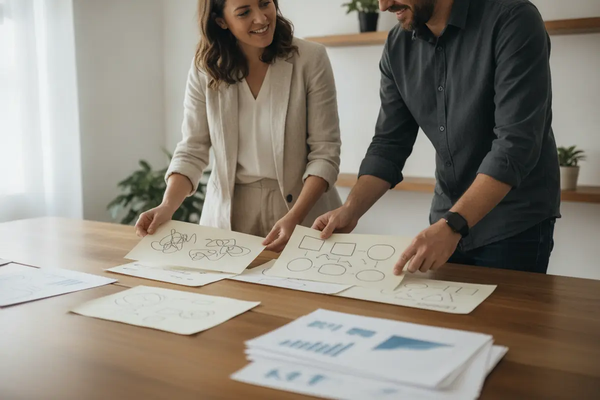 Business owner comparing customer interview notes and competitor research on a worktable