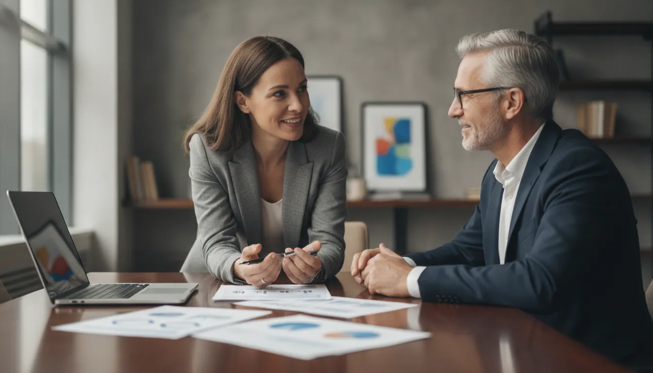 Business plan consultants reviewing financial projections with an owner
