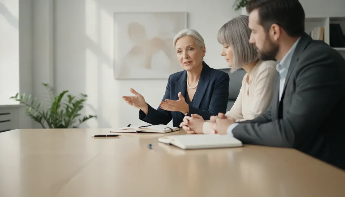 Business advisor explaining planning priorities to two owner-led business leaders