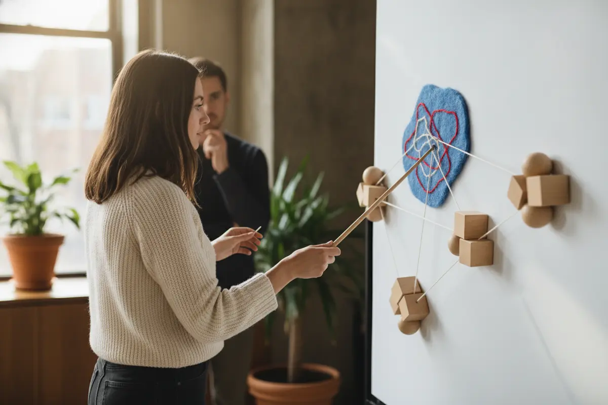 Founder mapping a customer problem and supporting evidence on a presentation board