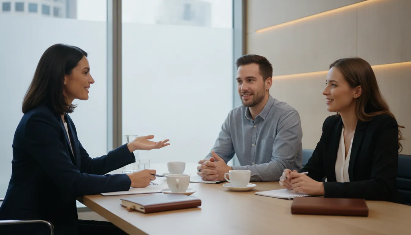 Business leaders working through a structured negotiation conversation with an advisor