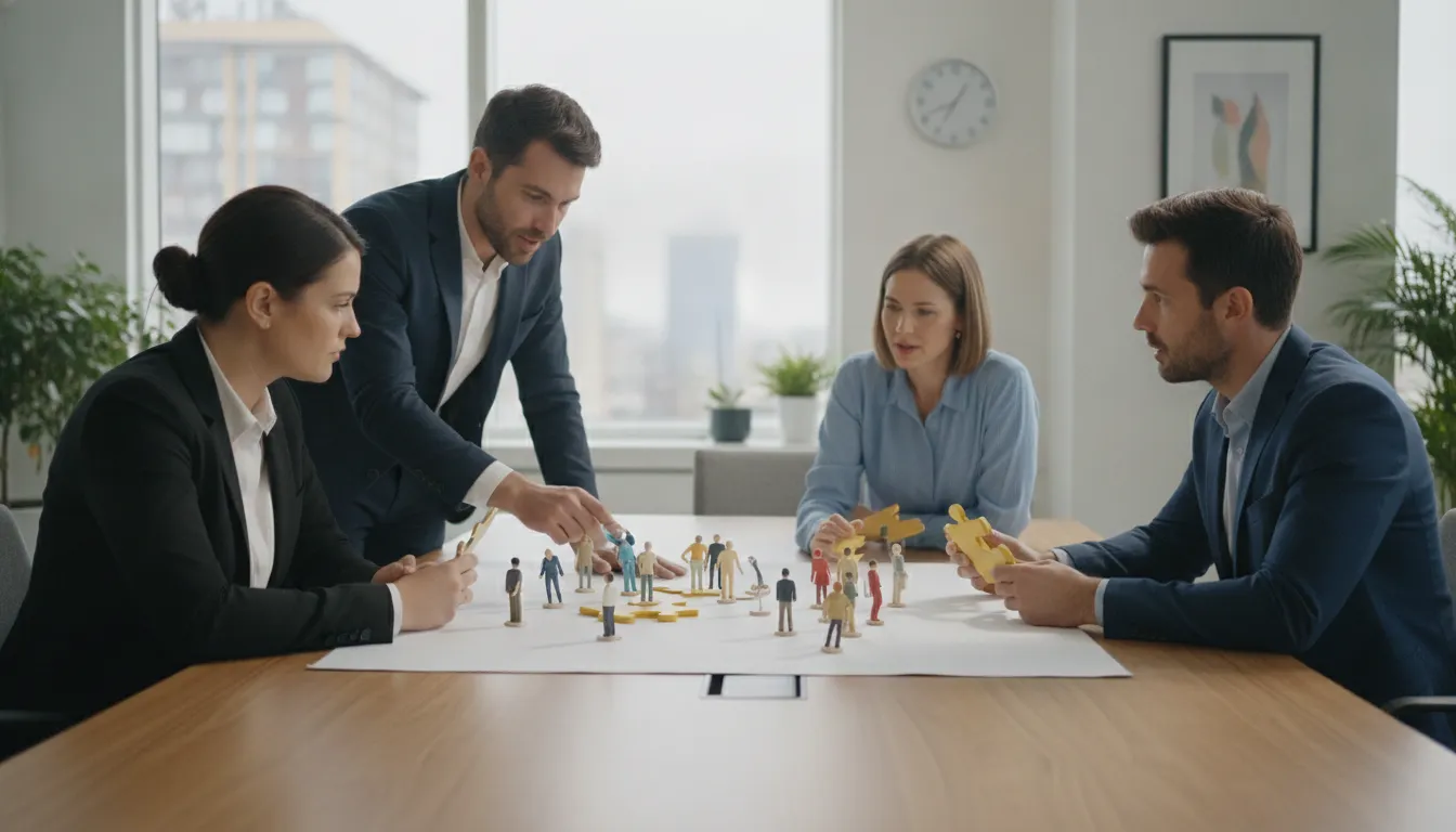 Business leaders reviewing team roles in a bright office