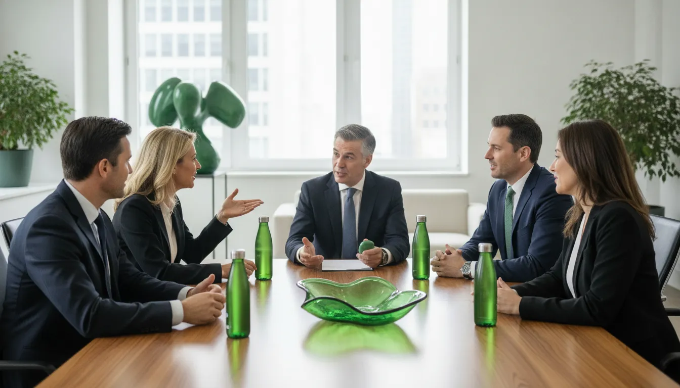 Owner-led business team reviewing decision roles and implementation steps in an office