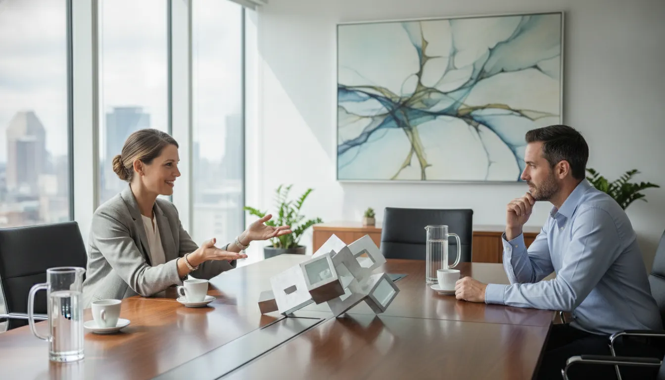 Business advisors meeting with an owner at a table in a bright modern office to discuss coaching and consulting