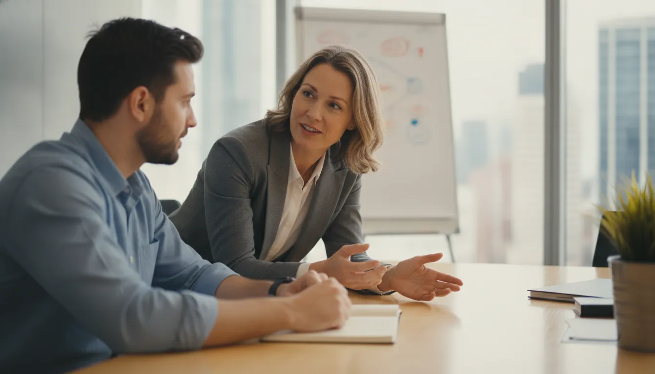 Business owner discussing operational priorities with a trusted executive business coach in a professional setting