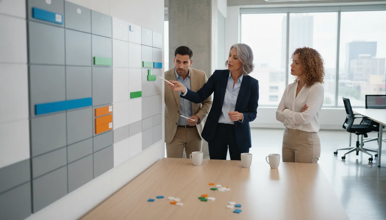 Business owners reviewing team responsibilities around a conference table