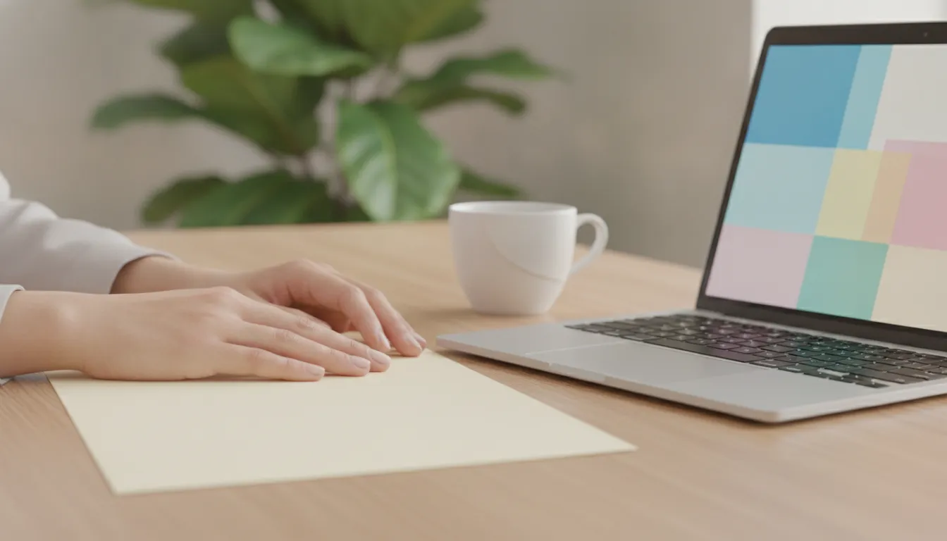 Hands beside a blank planning sheet and a laptop during a website working session