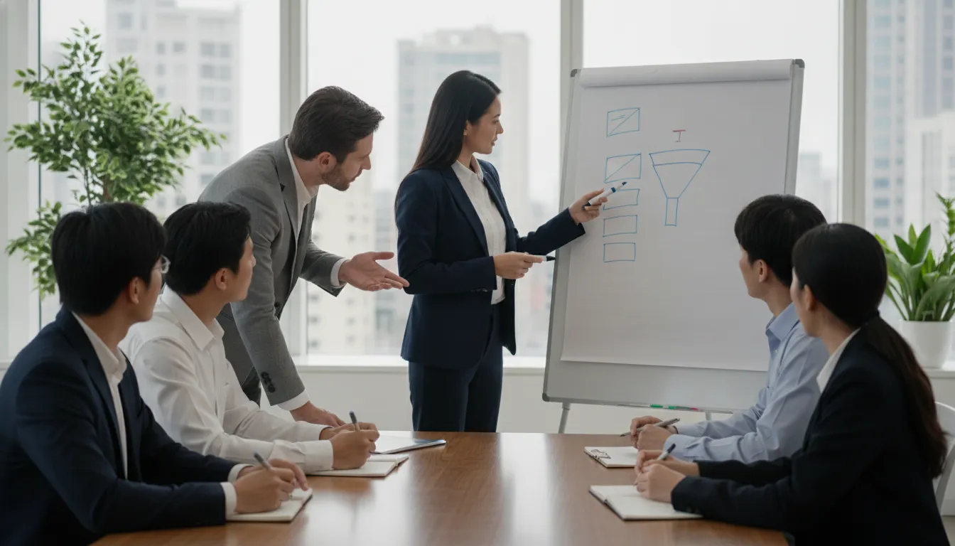 Sales management consultant coaching a small sales team through a pipeline review in a modern office
